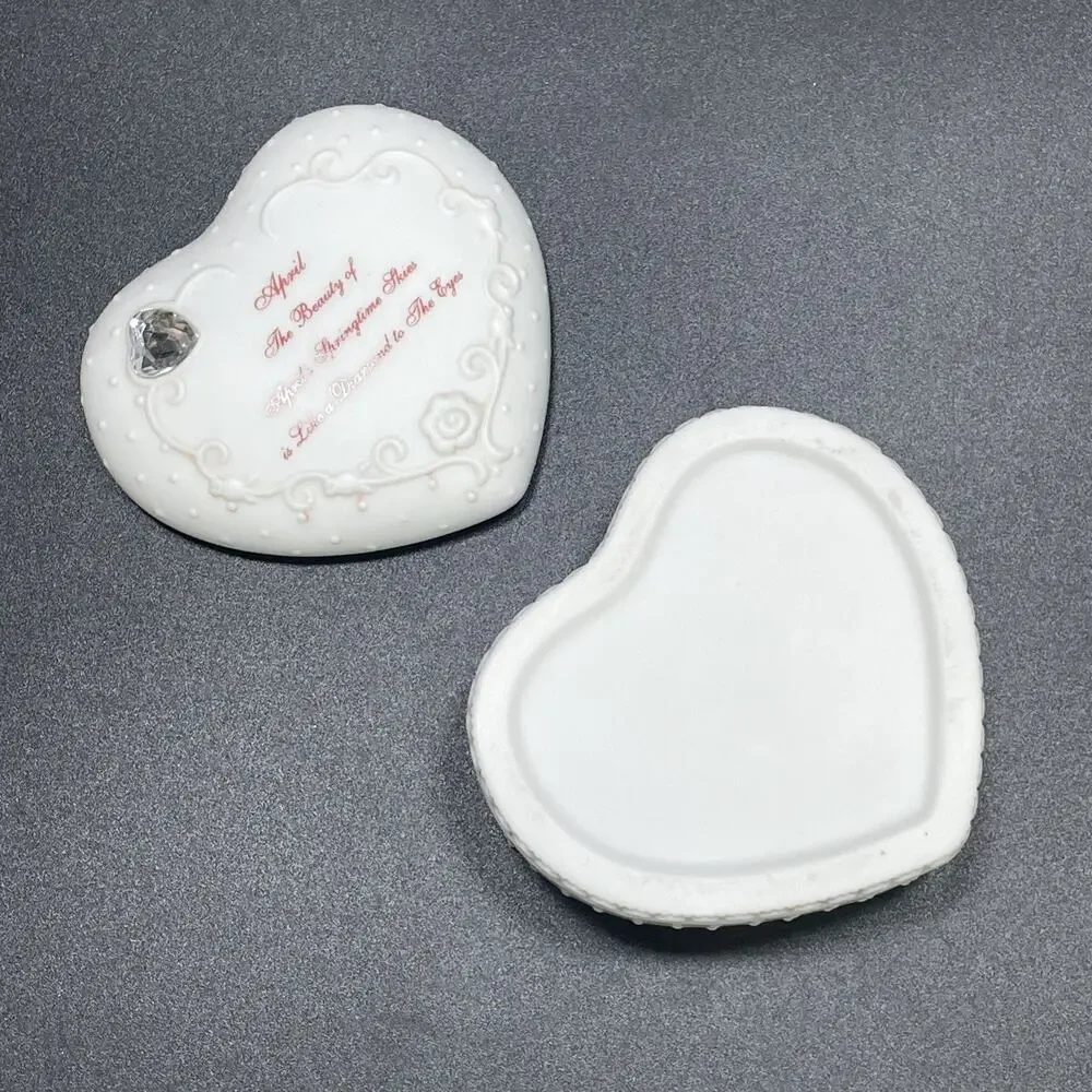 Vtg April's Springtime Skies Porcelain White Heart-Shaped Trinket Box Embossed